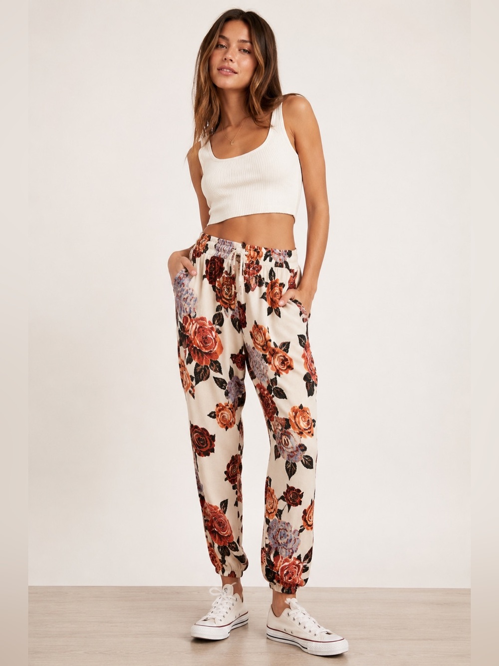 Element Floral Drawstring Joggers - Cream, Rust,‎ Brown- Boho Lounge Pants